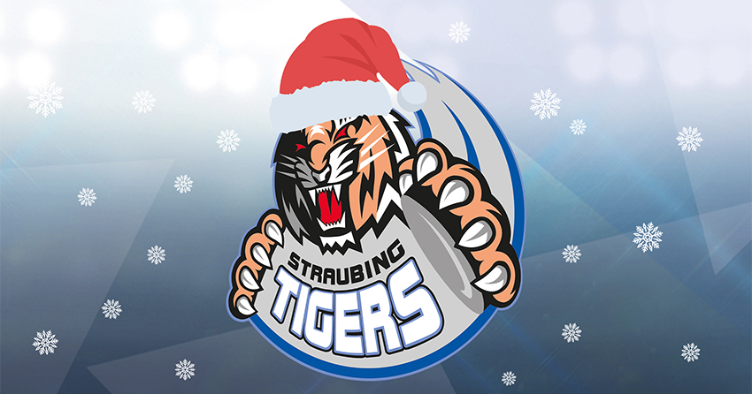 Logo der Straubing Tigers mit Weihnachtsmütze und Schneeflocken