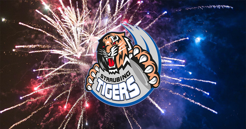 Logo der Straubing Tigers mit Feuerwerk im Hintergrund